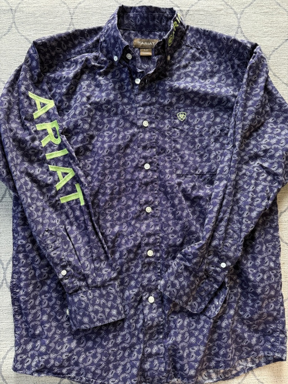Ariat Men's Navy Paisley Button-Down Shirt with Lime Logo Accent